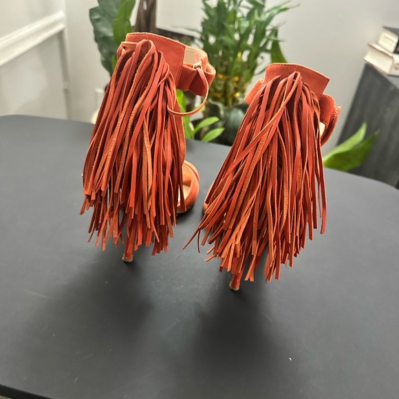 Nine West Hustle Fringe Suede High-Heel Sandals Orange - Picture 4 of 8